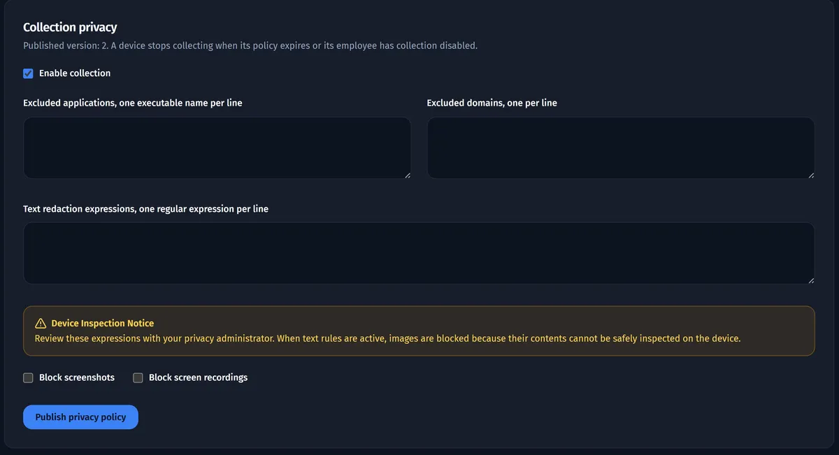 Collection privacy settings in Opus: Enable collection ticked, fields for excluded applications, domains and text redaction, and the publish button