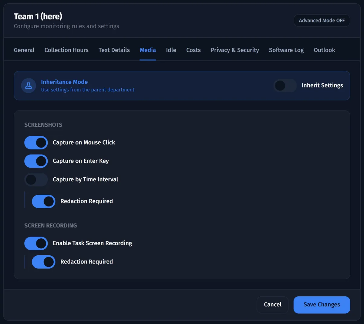 Opus department settings on the Media tab: switches for screenshots on mouse click, Enter key or time interval, task screen recording and redaction