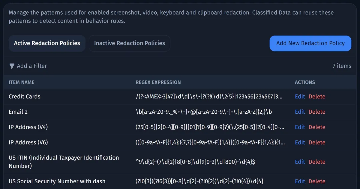 Opus list of active redaction policies, such as credit cards, IP addresses and US Social Security numbers, each with a regular expression
