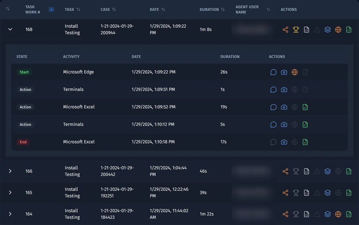 Opus task list with one recorded case opened into five steps, each with application, time and duration, above three more cases; user names blurred