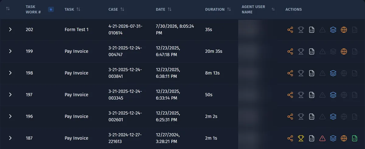 Opus task list showing six recorded cases in a table, each with its task, case ID, date, duration and action icons, and the user names blurred