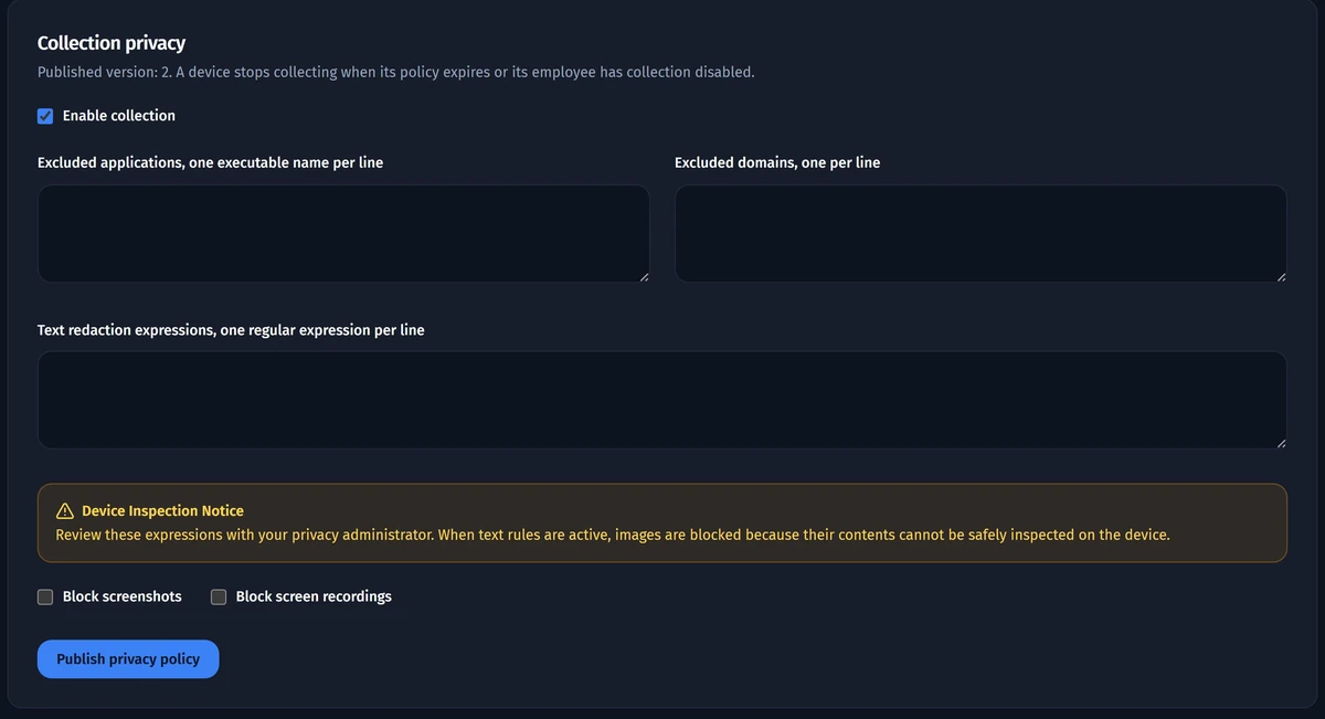 Collection privacy settings in Opus: Enable collection ticked, fields for excluded applications, domains and text redaction, and the publish button