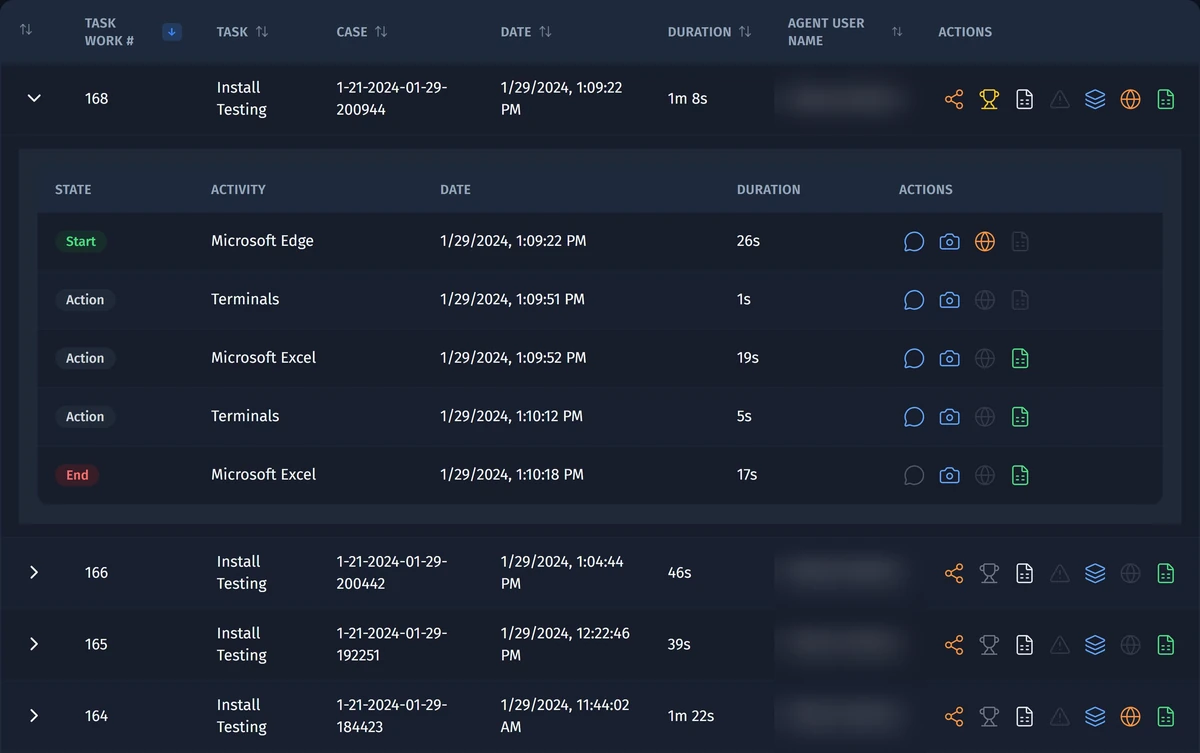 Opus task list with one recorded case opened into five steps, each with application, time and duration, above three more cases; user names blurred